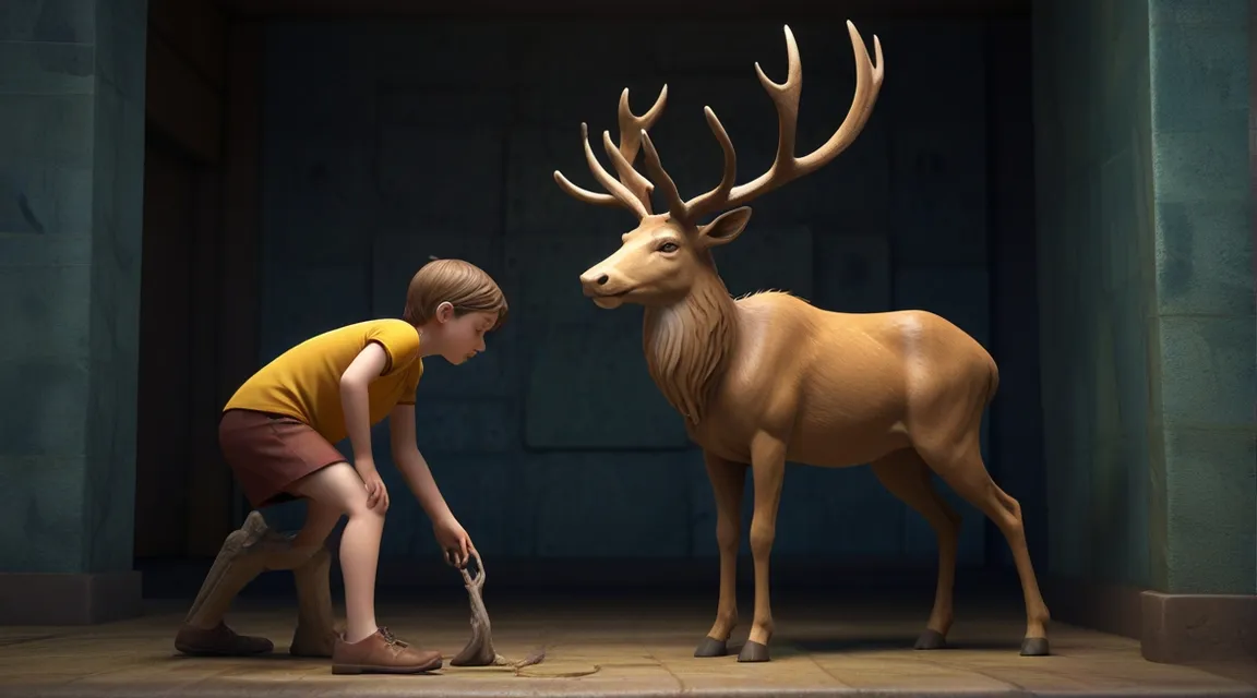 a boy kneeling down next to a fake deer