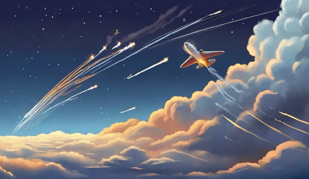 a painting of a plane flying in the sky.cartoon