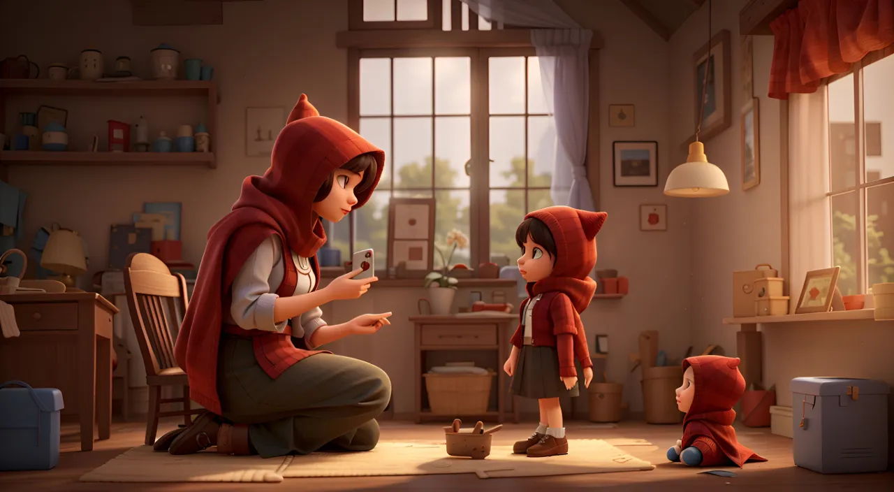 in the house, the mother is talking to little Red Hood