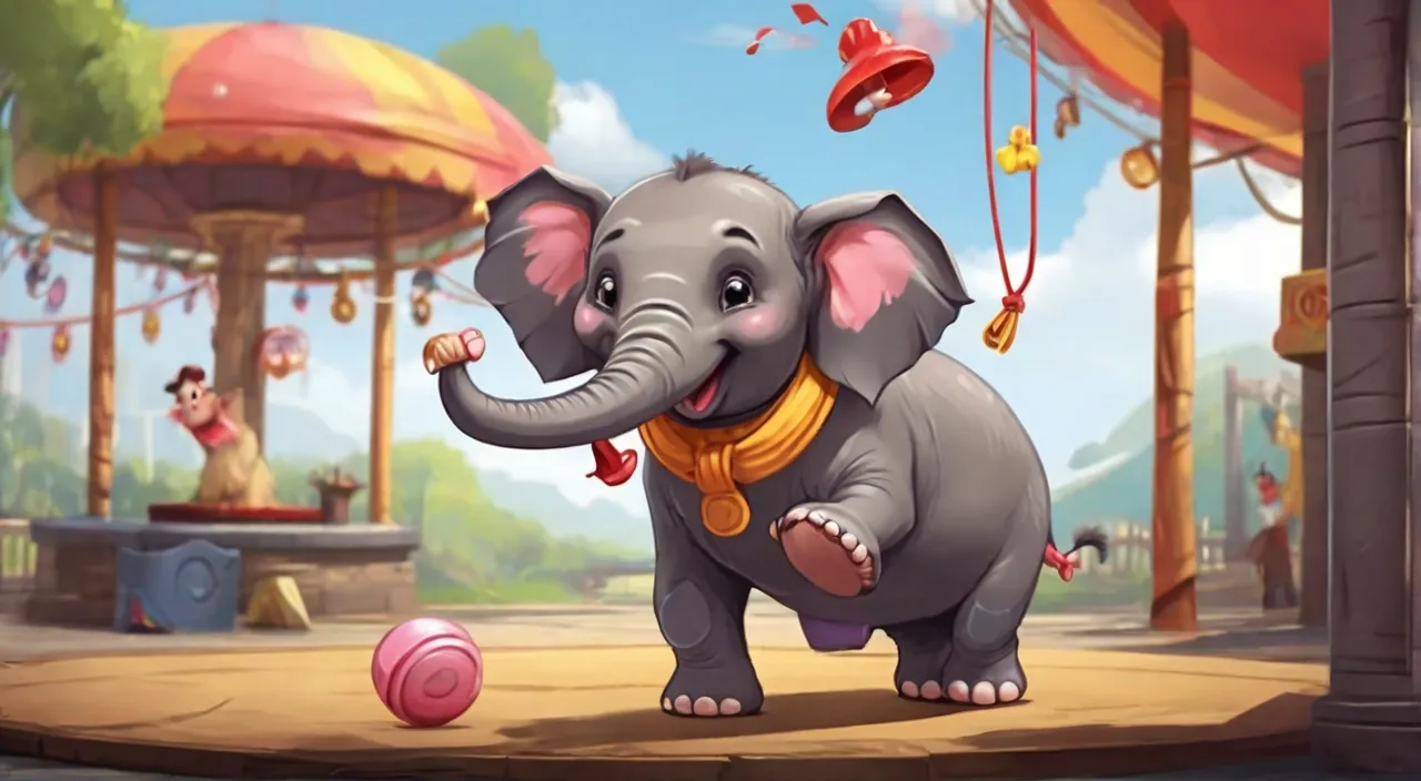 an elephant is playing with a ball in a circus. Cartoon 