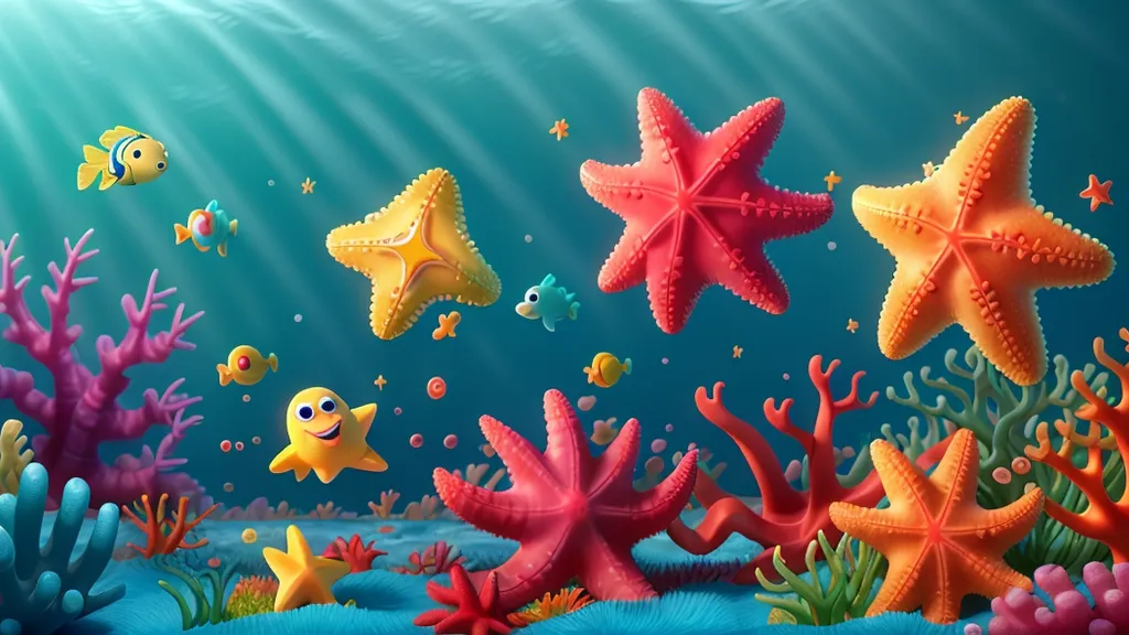 an underwater scene with starfish, corals and other marine life, lots of fishes and cartoon style starfish is with them