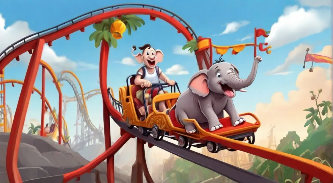 a cartoon elephant riding on a roller coaster