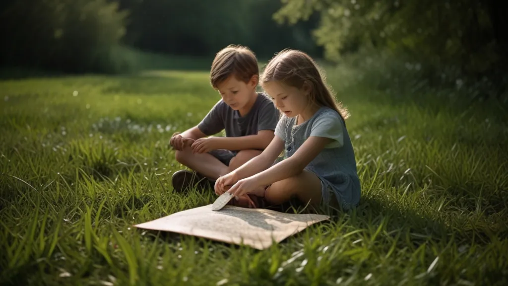two children sitting in the grass reading a book
