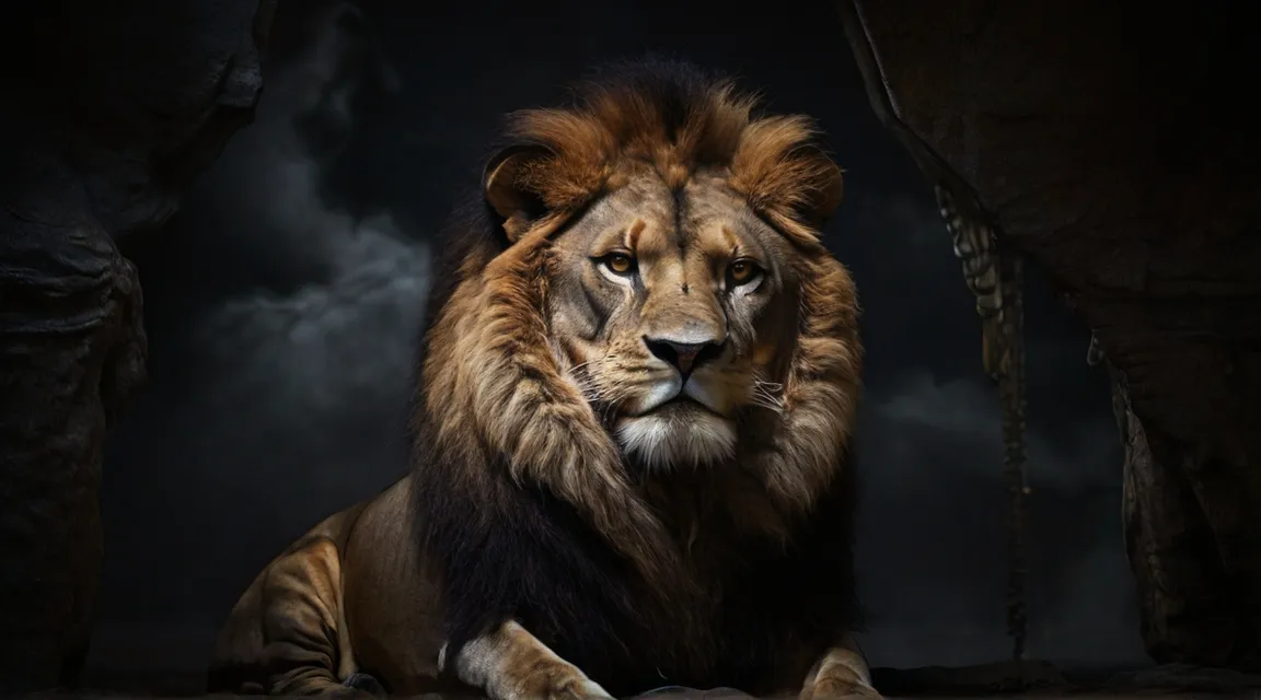 a lion sitting in the dark with a dark background