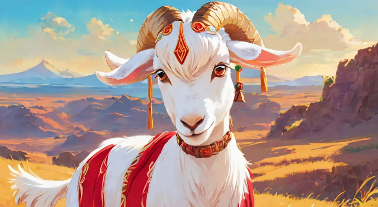 a painting of a goat in a desert setting