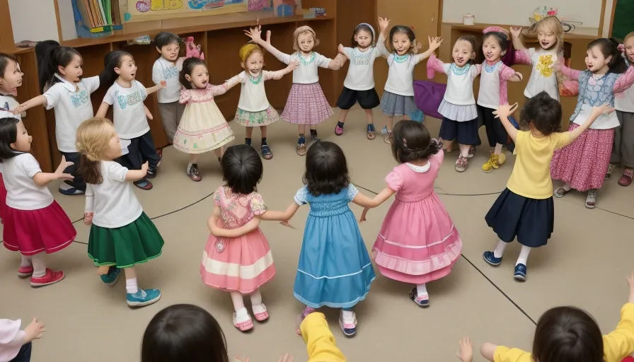 a group of young children standing around each other