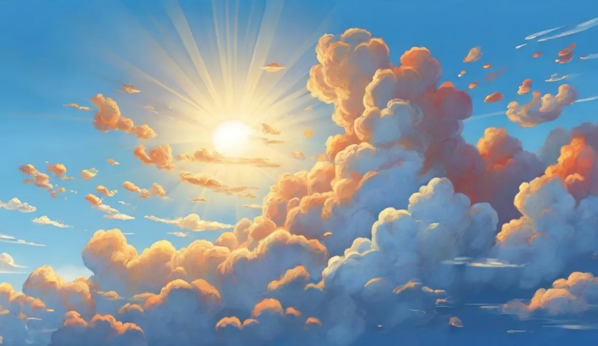 a painting of the sun shining through the clouds.cartoon