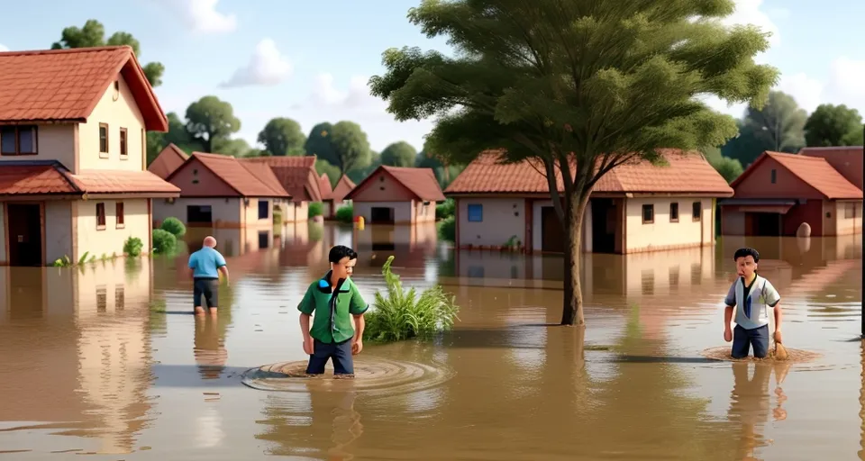 a group of people standing in a flooded area