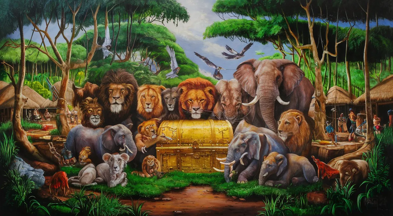 a painting of a group of animals in a jungle