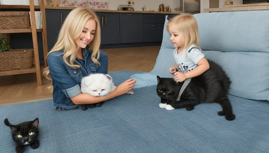 a woman sitting on a couch with two cats