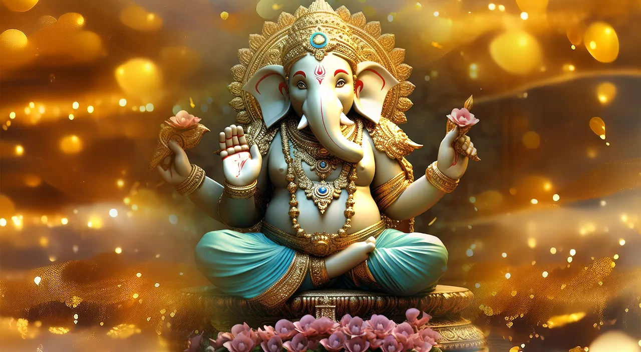 elephant god sitting on top of a table with golden background