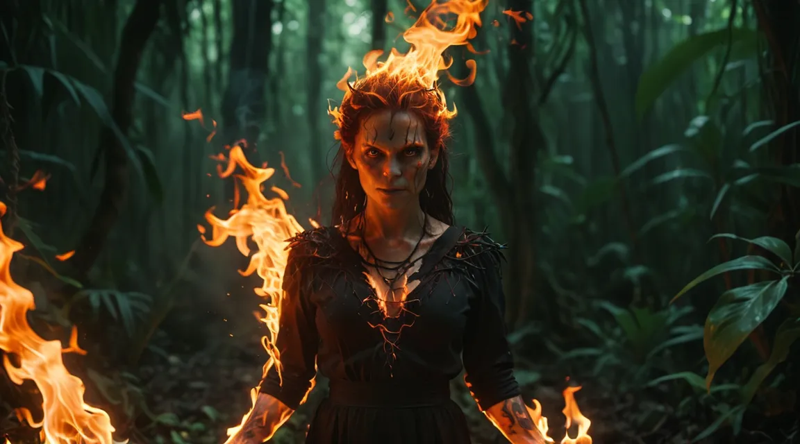 a woman standing in a forest with fire in her hands