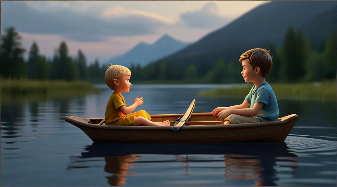 two children sitting in a small boat on a lake