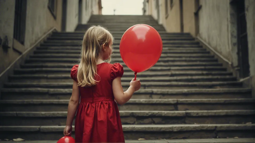 a little girl in a red dress walking upstairs holding a red balloon