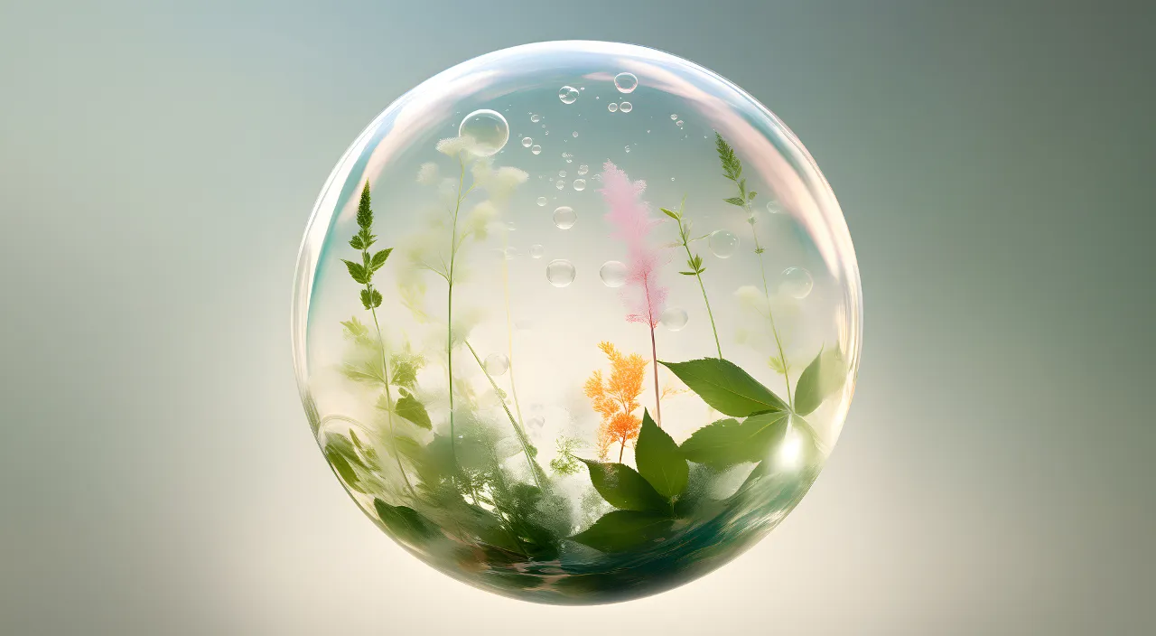 a bubble filled with water and flowers floating on top of it