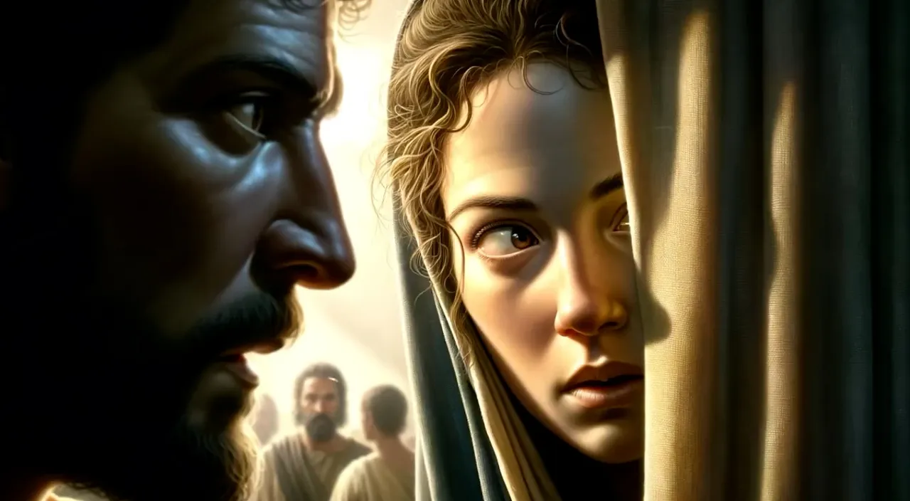 a painting of jesus looking at a woman through a curtain