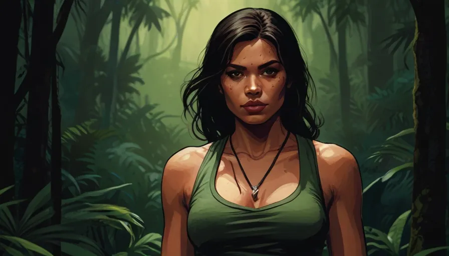 a woman in a green tank top standing in a forest