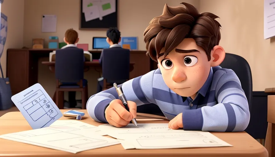 a cartoon character sitting at a desk with a pen and paper