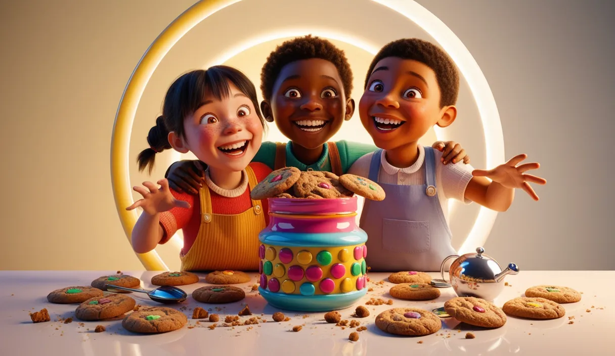 a group of children standing in front of a cookie jar