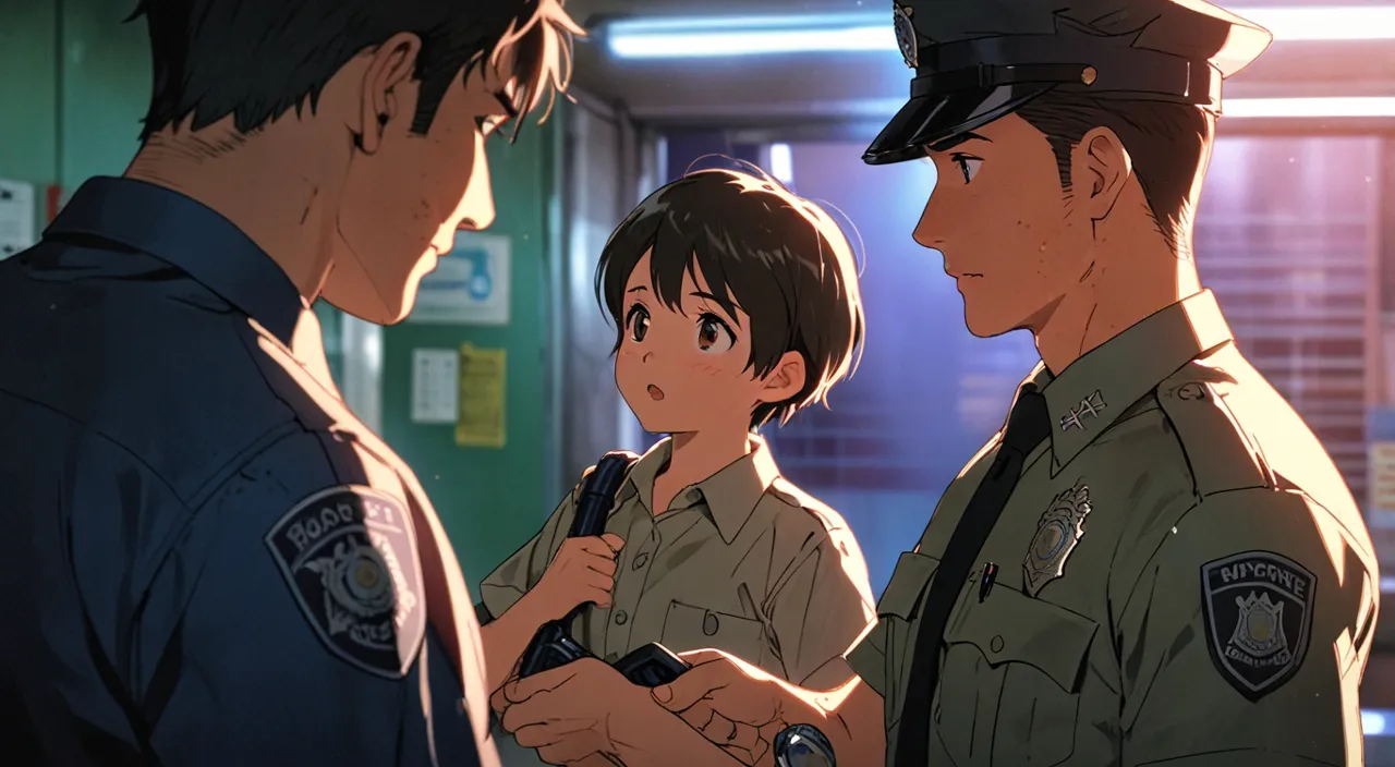 a little civilian boy and two police officers standing next to each other