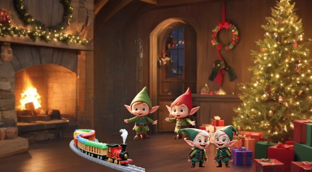 a group of elves standing in front of a christmas tree and toy train running