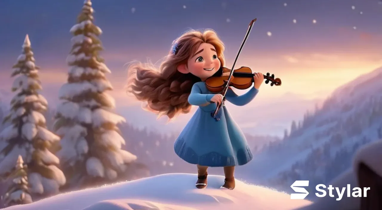 A young beautiful girl with long hair, the girl smiles and plays the violin on a snowy mountain