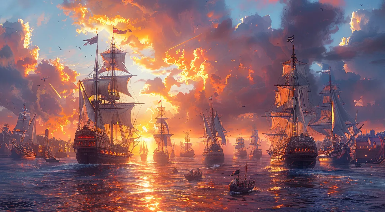 a painting of a sunset with ships in the water