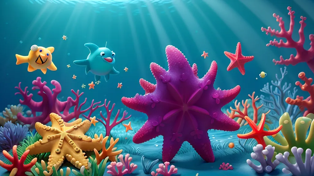 A colorful underwater landscape with a cartoon starfish, surrounded by other playful creatures, jumping over a rainbow