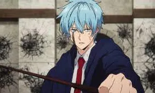 a man with blue hair holding a sword