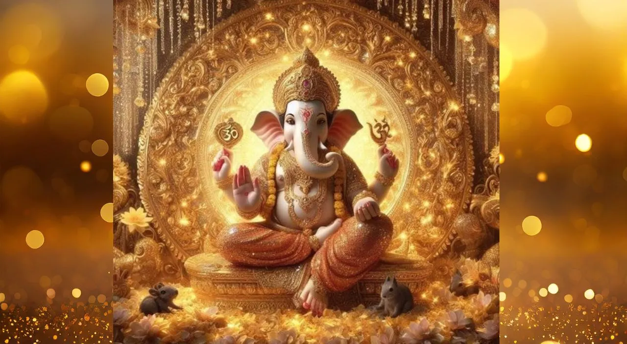 create a god Ganesh with a golden background, 8k , size of 1920x1080, colorful