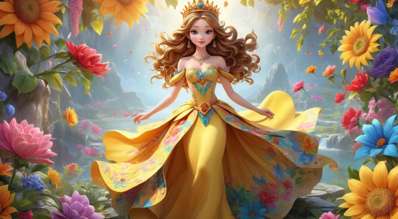 a beautiful woman in a yellow dress surrounded by flowers