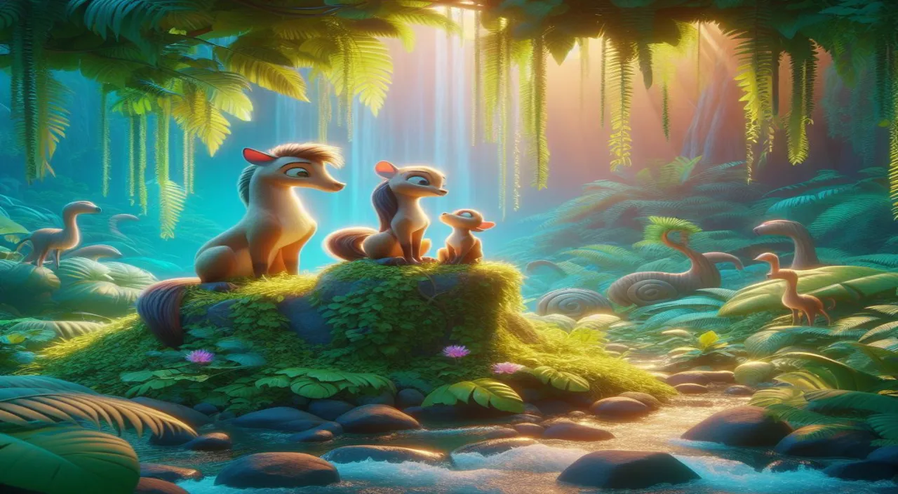 a group of animals sitting on top of a lush green forest