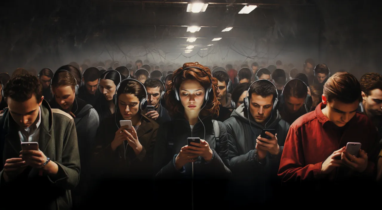 a group of people standing in a metro room looking at their cell phones