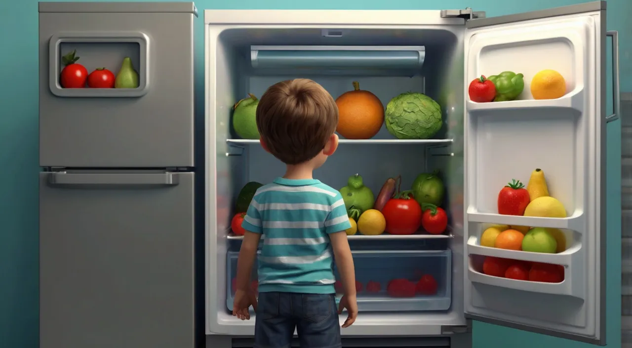 a little boy standing in front of an open refrigerator