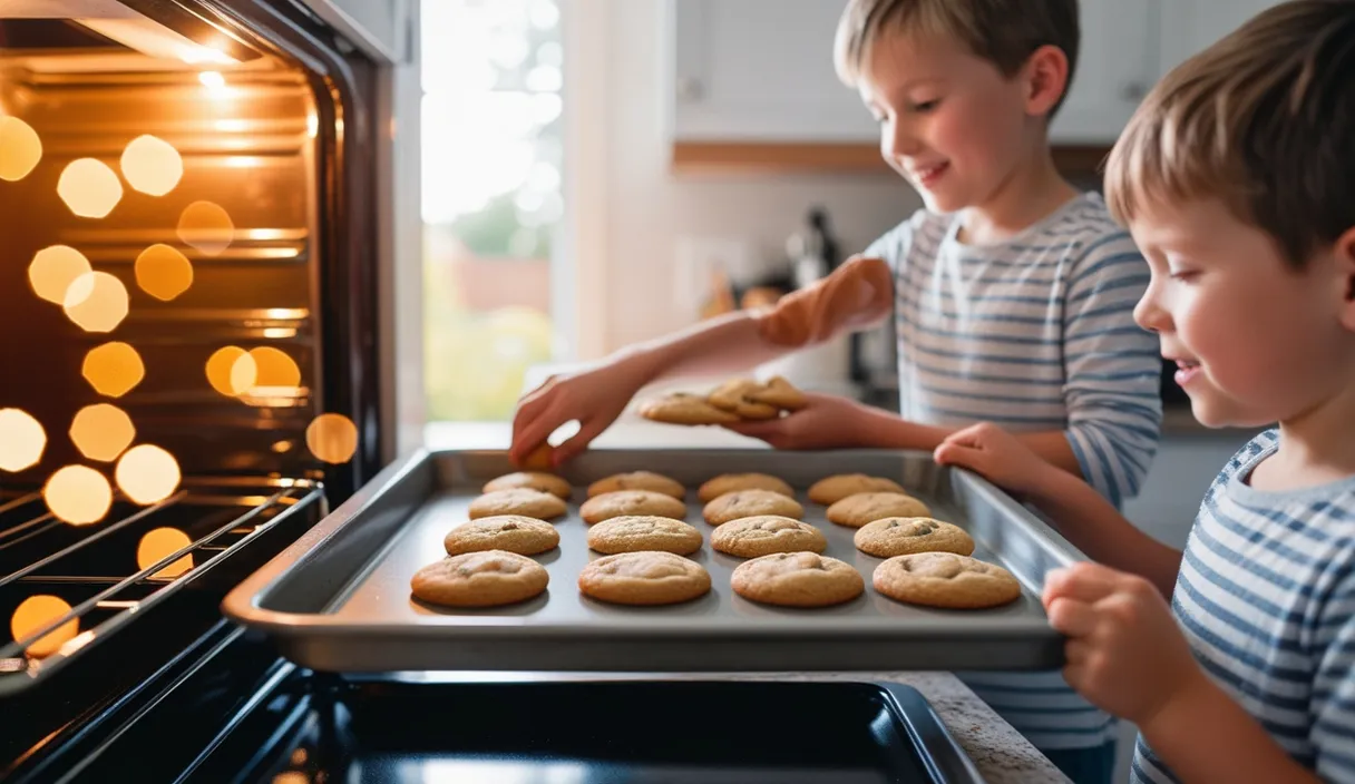 two young boys baking cookies in an oven