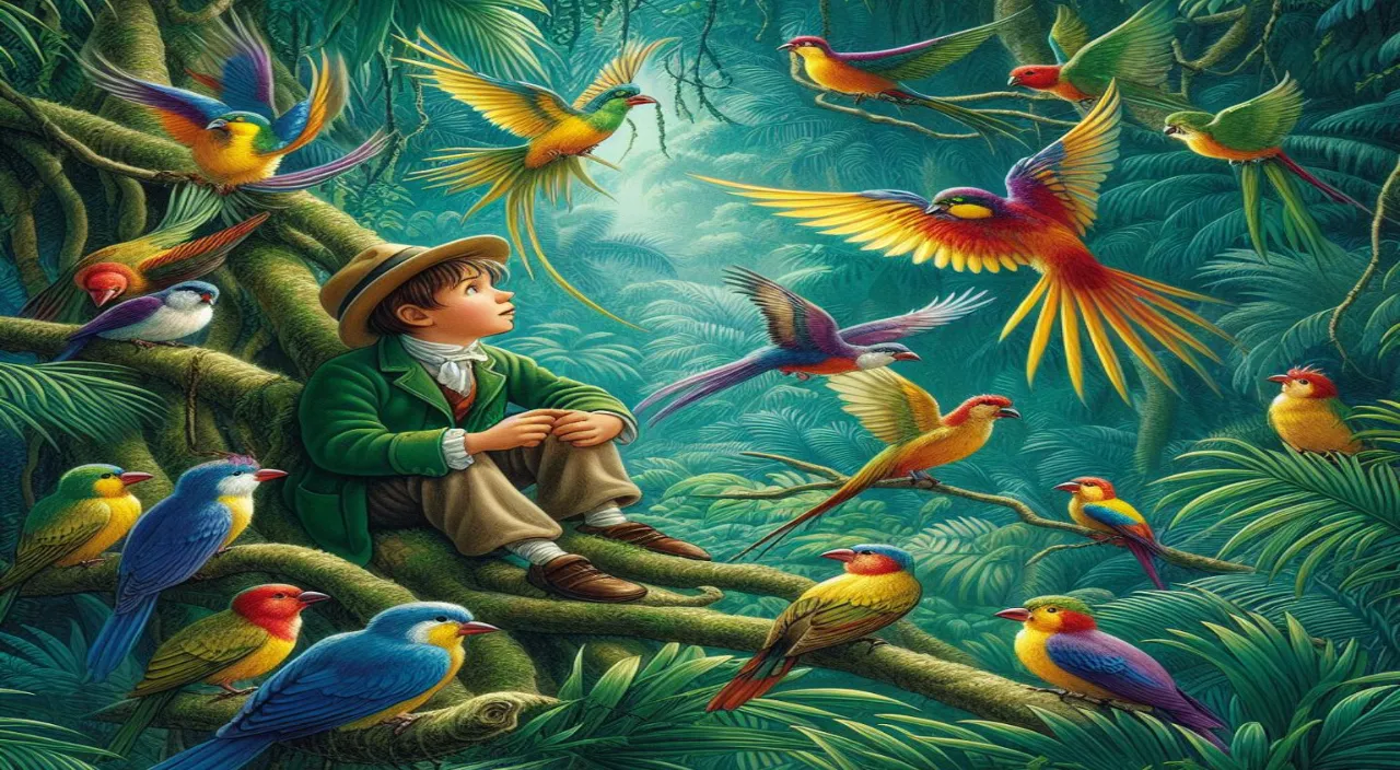 a painting of a boy sitting on a tree surrounded by birds