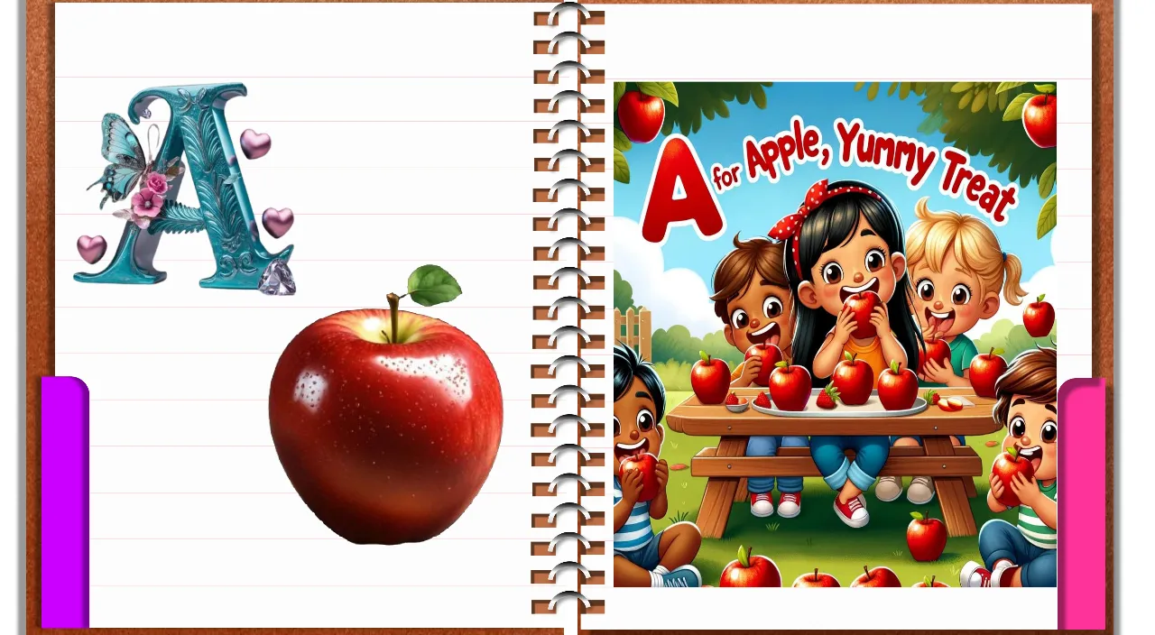 a notebook with an apple and a picture of a girl eating an apple