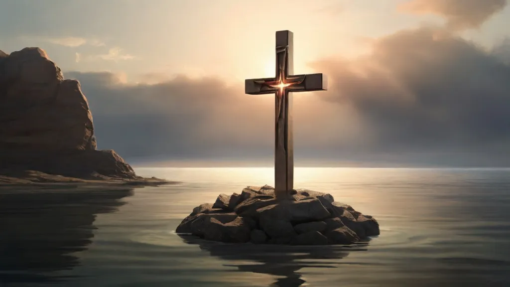 a cross sitting on top of a rock in the ocean