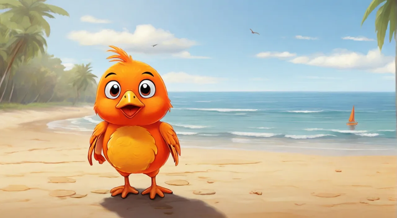 a cartoon bird standing on a beach next to the ocean