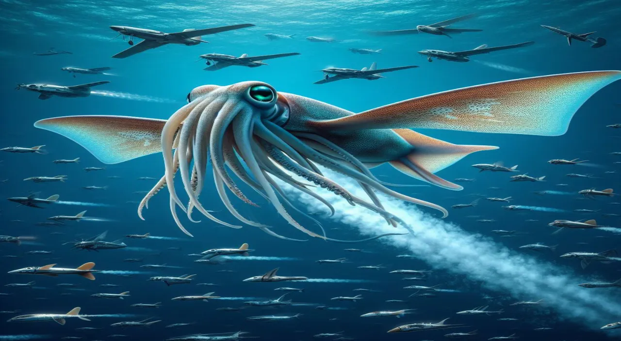 a painting of a squid flying through the air