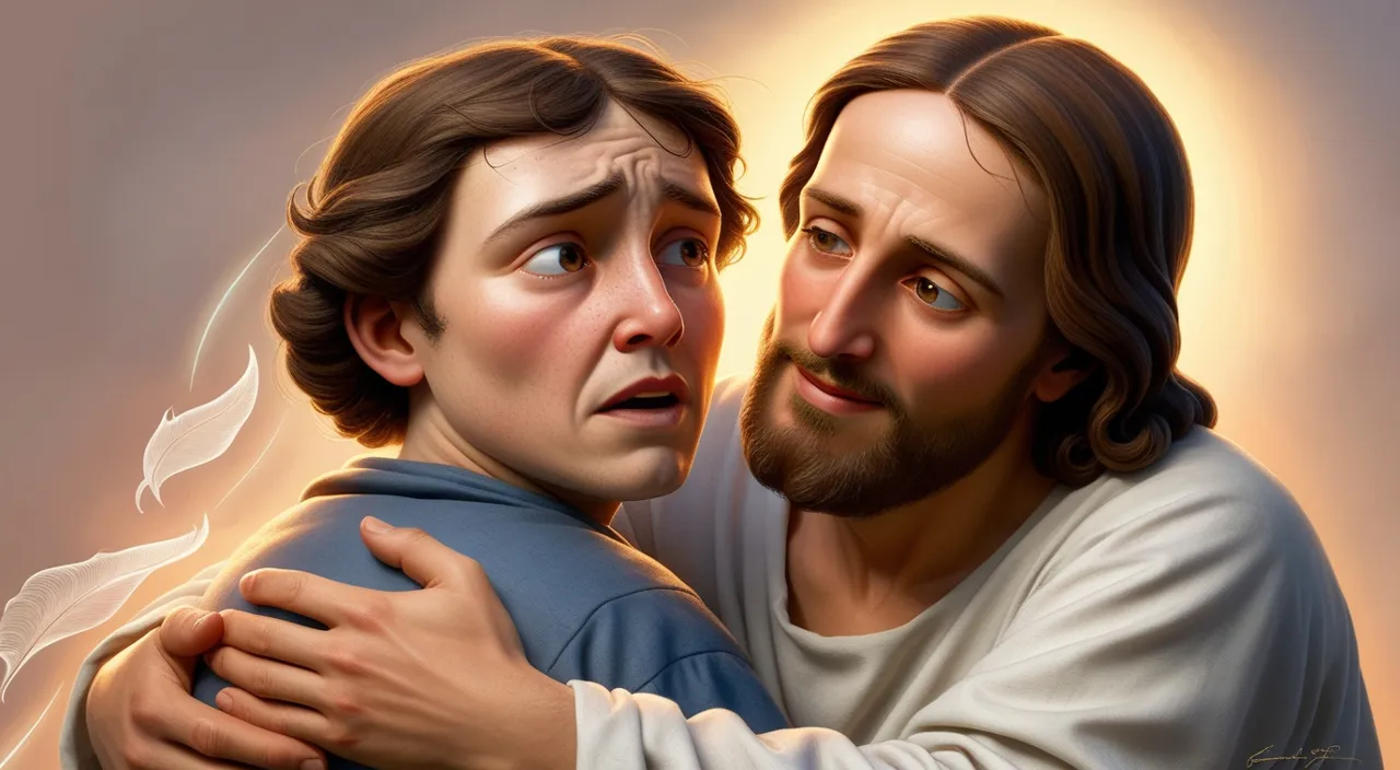 a painting of jesus hugging a young man