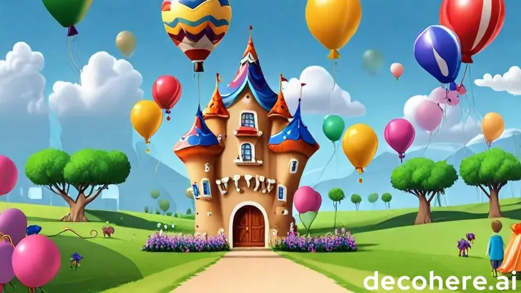 a painting of a castle surrounded by balloons