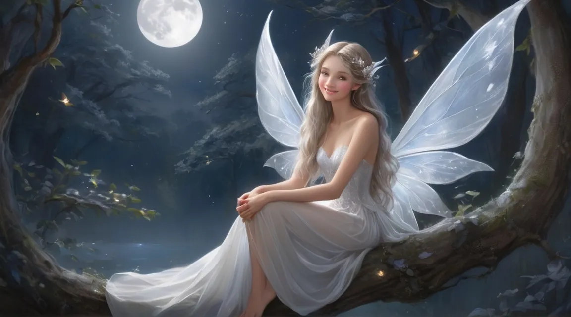 a fairy sitting on a tree branch in front of a full moon