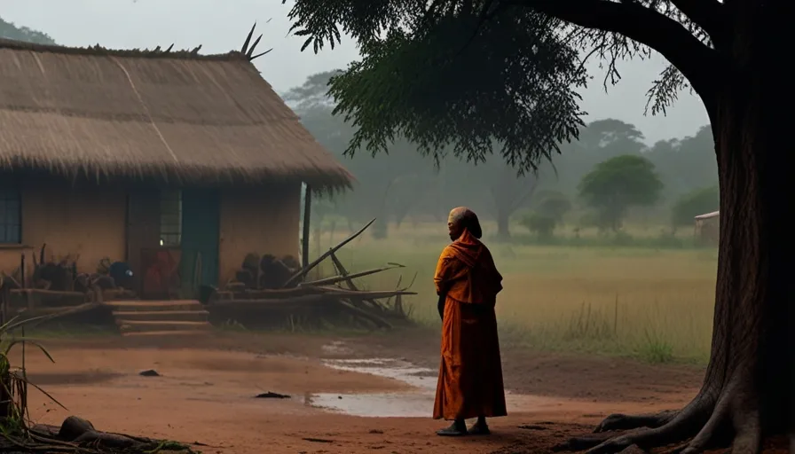 a person standing in front of a hut