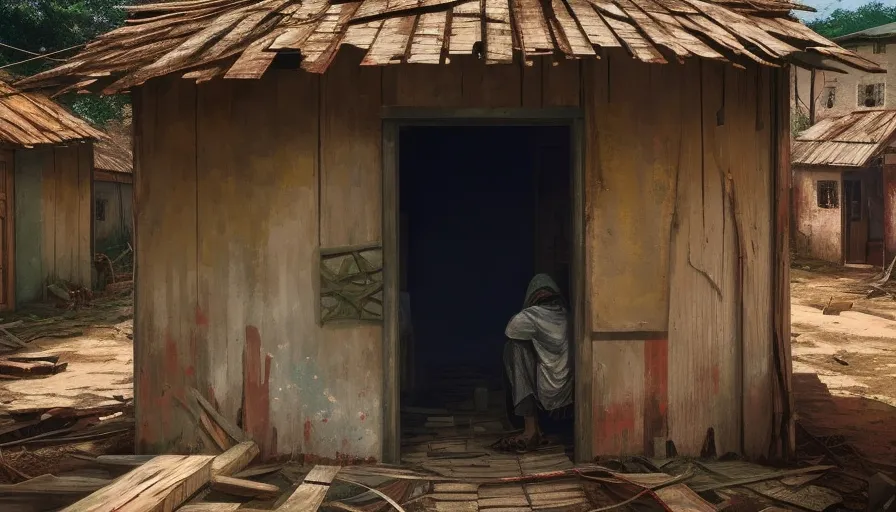 a poor man without a hat from a village standing in a doorway of a shack, 2d animation