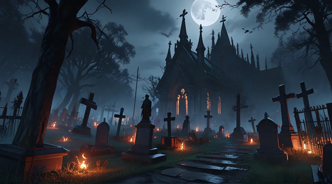 a cemetery at night with a full moon in the background