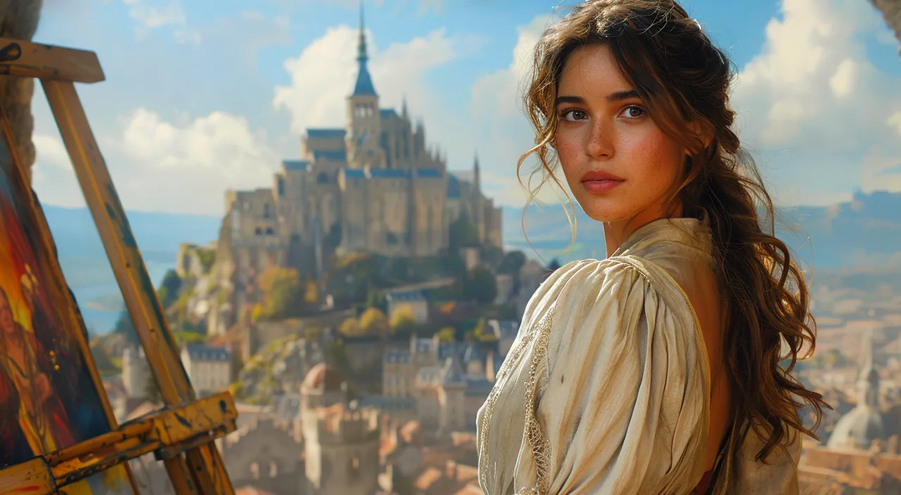 a woman standing in front of a painting of a castle