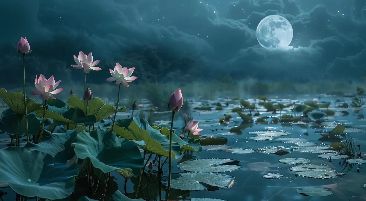 In the lotus pond at night, under the moonlight, the lotus flowers are in full bloom.