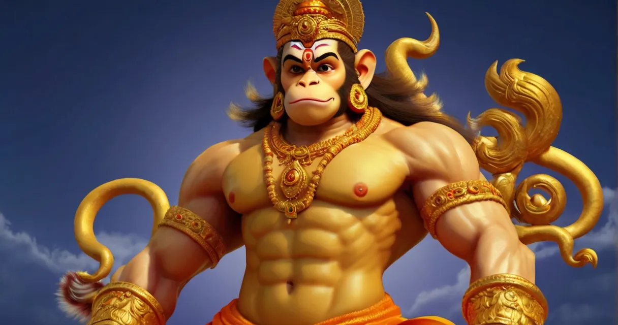 Create a god hanuman with golden background, 8k, size of 1920x1080, colorful