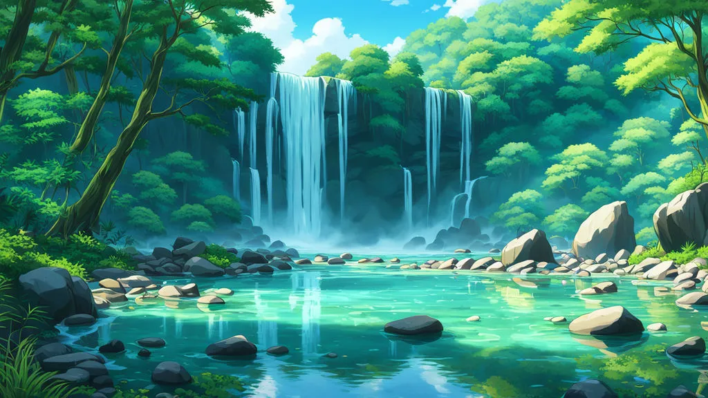 a painting of a waterfall in the middle of a forest